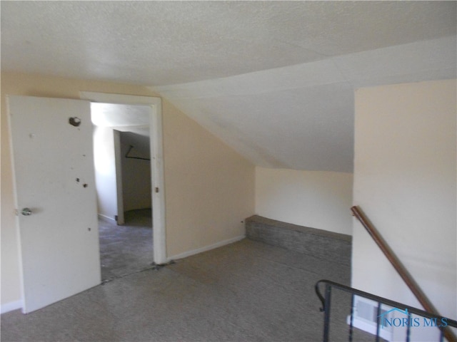 additional living space with a textured ceiling, lofted ceiling, and carpet