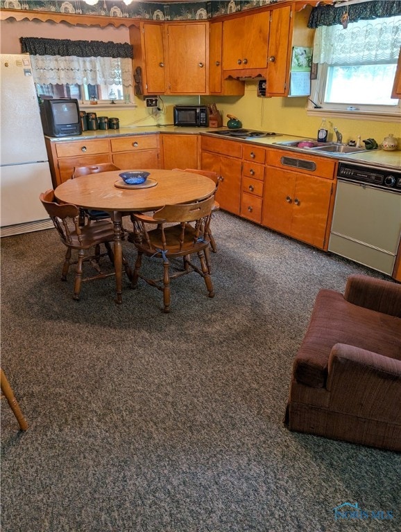 kitchen featuring sink, black appliances, and dark colored carpet