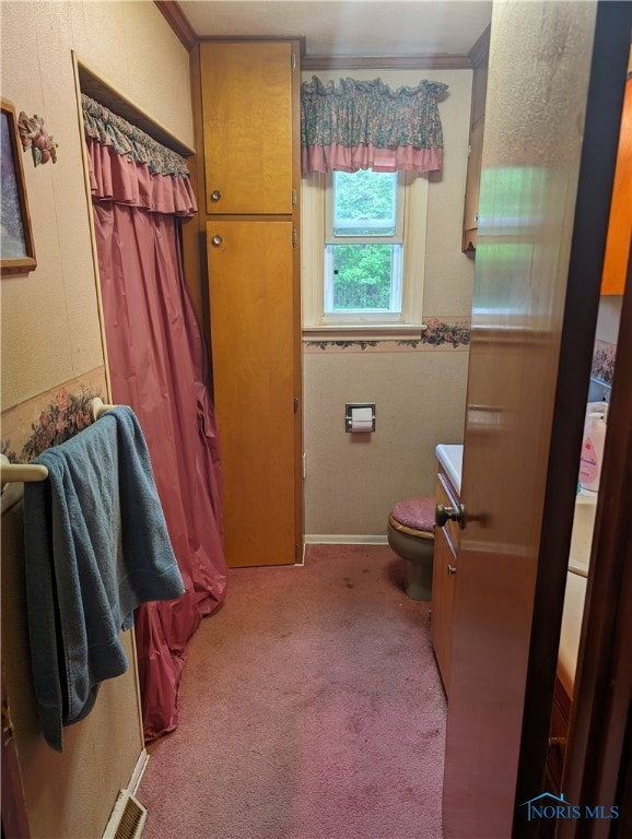 bathroom with vanity, toilet, and crown molding