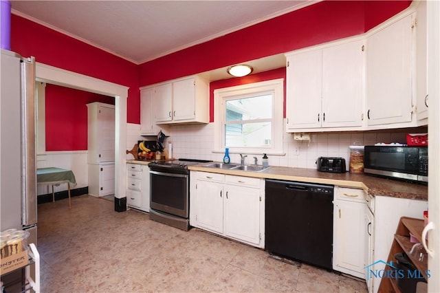 kitchen featuring backsplash, white cabinets, sink, ornamental molding, and stainless steel appliances