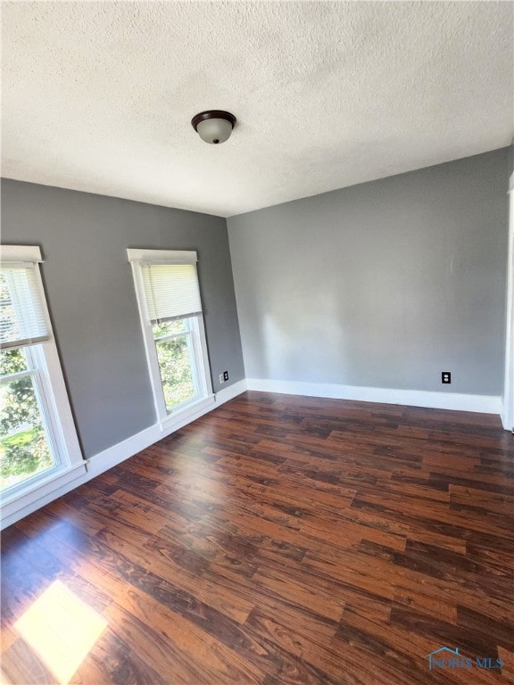 empty room with a textured ceiling, a wealth of natural light, and dark wood-type flooring