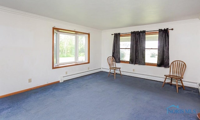 unfurnished room featuring dark colored carpet, baseboard heating, and crown molding