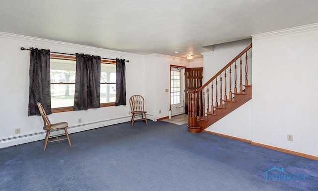 interior space featuring crown molding and a baseboard heating unit