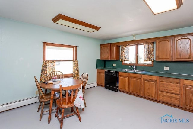 kitchen with dishwasher, decorative backsplash, sink, and a baseboard heating unit