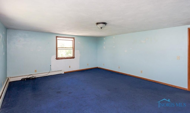 empty room featuring dark carpet and a baseboard heating unit