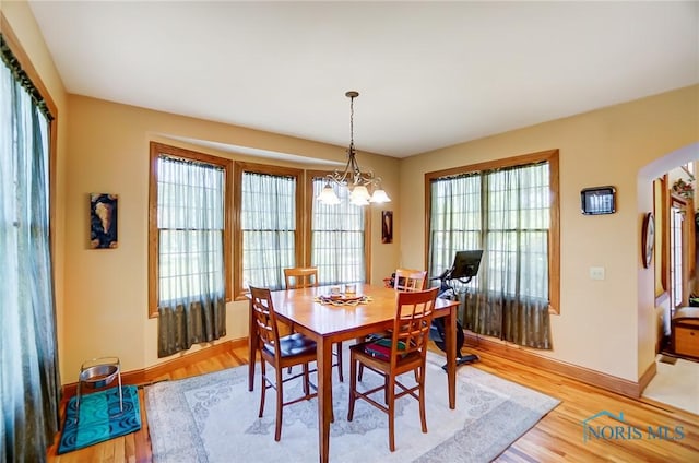 dining space with light wood-type flooring, a wealth of natural light, and a chandelier