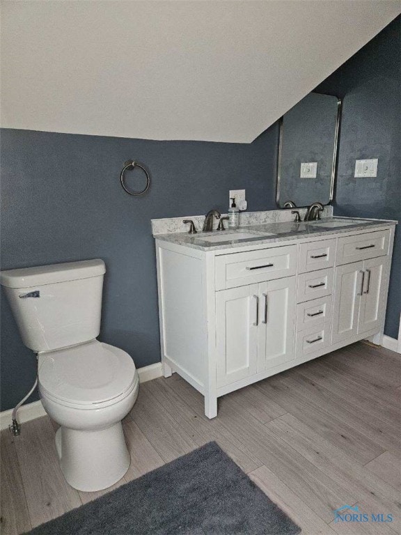 bathroom featuring wood-type flooring, vanity, and toilet