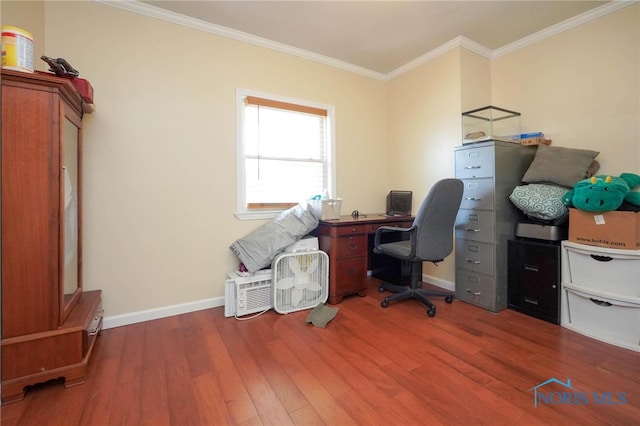 office space with ornamental molding and wood-type flooring