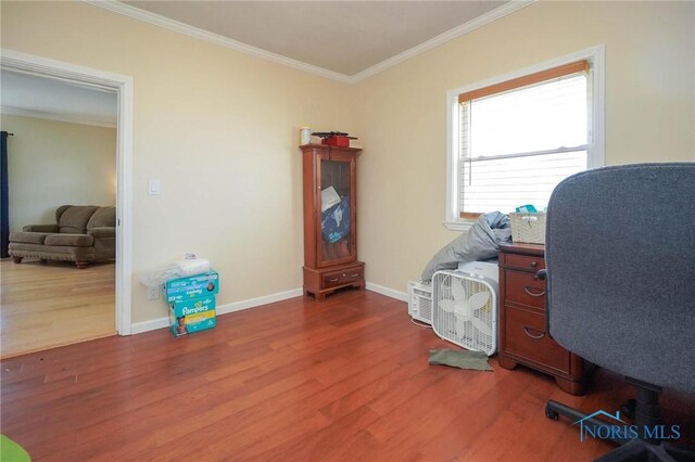 office space featuring crown molding and hardwood / wood-style flooring