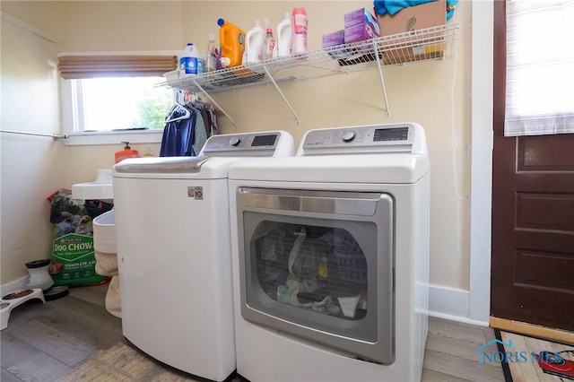 laundry room with washing machine and dryer and hardwood / wood-style flooring