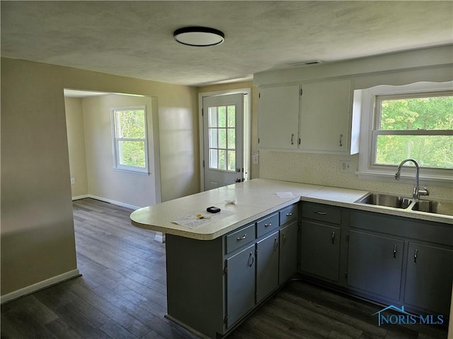 kitchen featuring gray cabinetry, sink, dark hardwood / wood-style flooring, backsplash, and kitchen peninsula