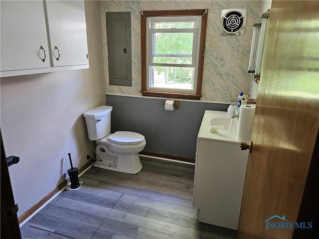 bathroom with electric panel, vanity, and toilet