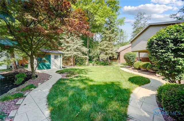 view of yard featuring a shed