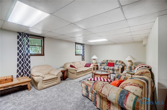 living room featuring carpet and a drop ceiling