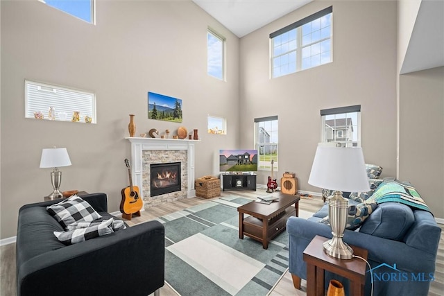 living room featuring wood-type flooring and a fireplace