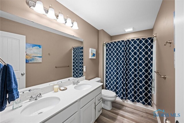 bathroom featuring a shower with curtain, vanity, toilet, and wood-type flooring