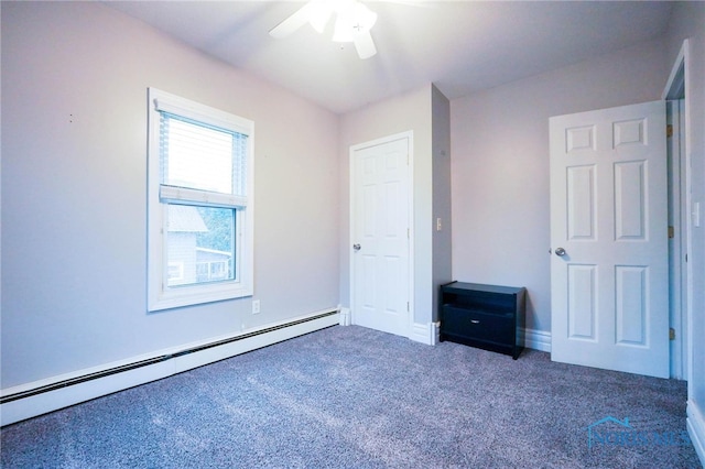 unfurnished bedroom featuring carpet floors, a baseboard radiator, and ceiling fan