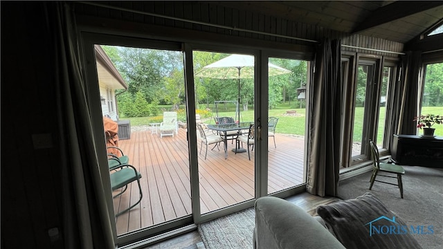 doorway to outside featuring vaulted ceiling and a wealth of natural light