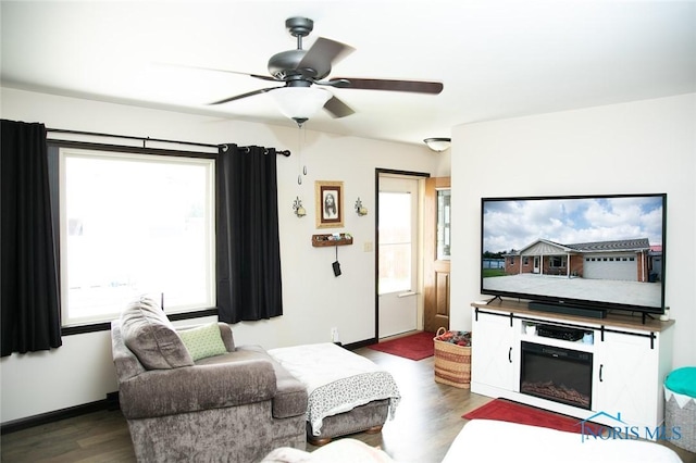 living room with ceiling fan, plenty of natural light, and hardwood / wood-style flooring