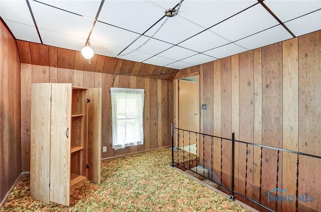 bonus room featuring wood walls and carpet flooring