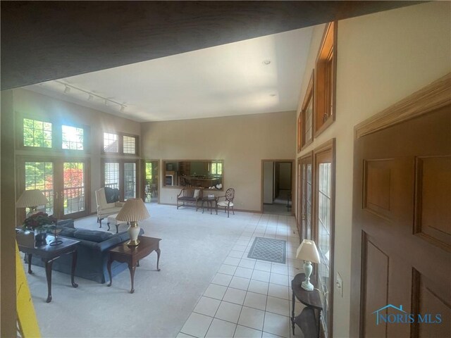 tiled dining area with track lighting and french doors