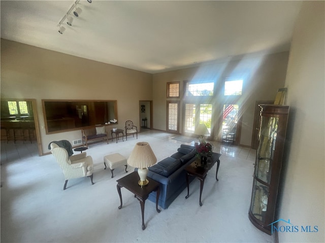 living room featuring track lighting and light carpet