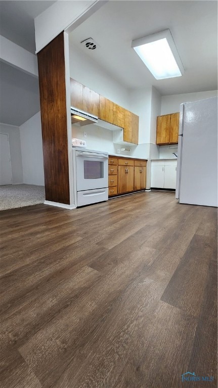 kitchen with white appliances and ventilation hood