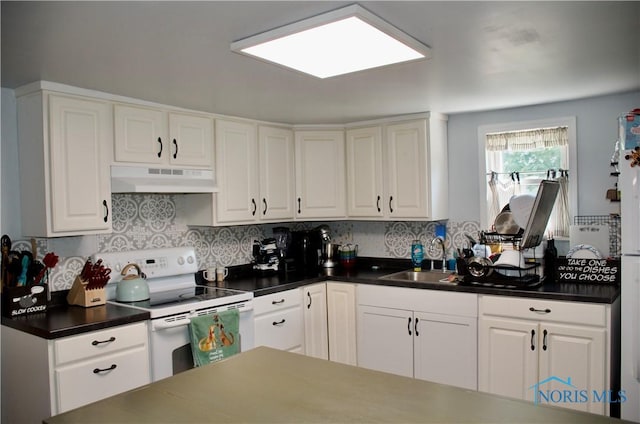 kitchen with white cabinetry, sink, tasteful backsplash, and white electric range oven