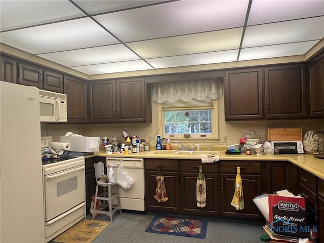 kitchen with white appliances, a paneled ceiling, sink, and dark brown cabinets