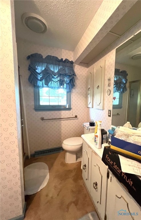 bathroom with vanity, toilet, a textured ceiling, and walk in shower