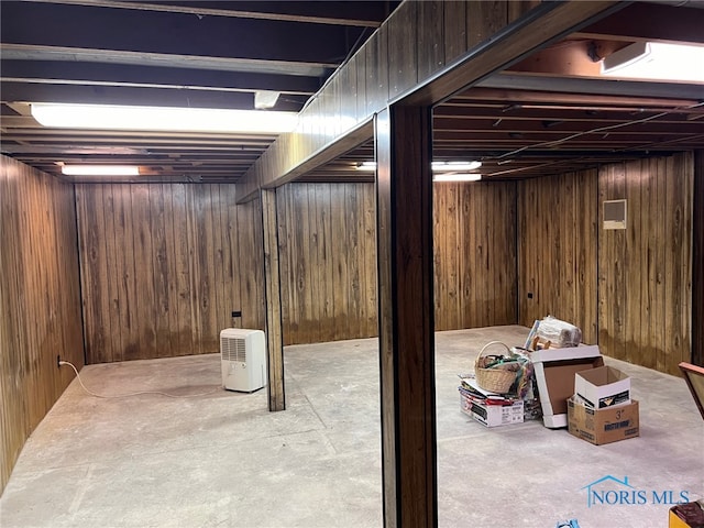 basement with wood walls