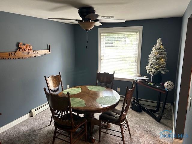 carpeted dining area featuring ceiling fan and baseboard heating