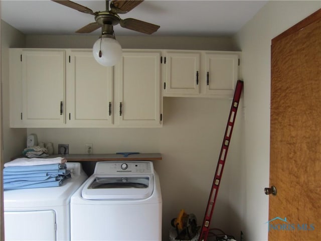 clothes washing area with ceiling fan, cabinets, and independent washer and dryer