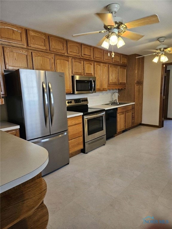 kitchen featuring ceiling fan, sink, and stainless steel appliances