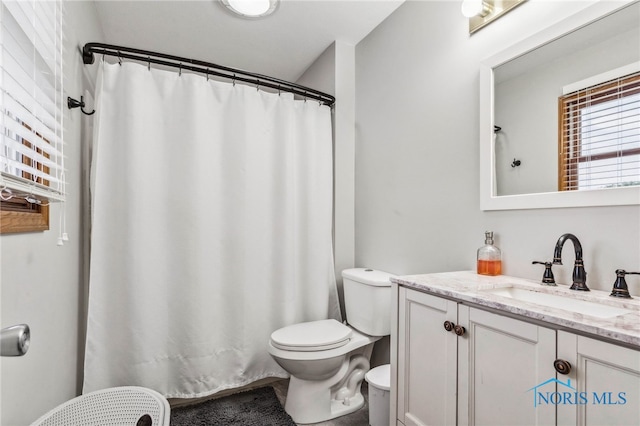 bathroom featuring vanity, toilet, and walk in shower