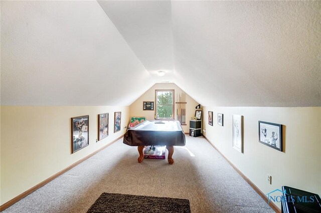 rec room featuring lofted ceiling, carpet, and billiards