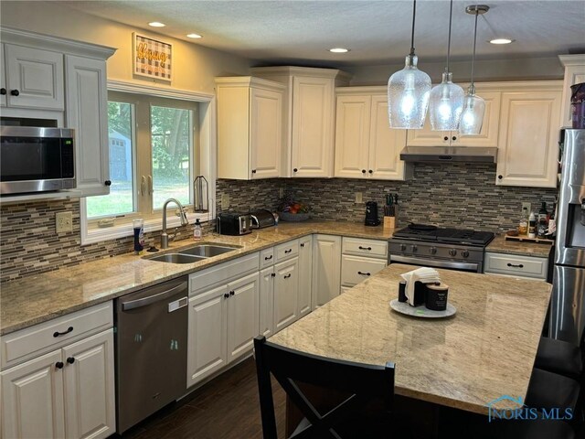 kitchen with sink, white cabinetry, appliances with stainless steel finishes, dark hardwood / wood-style flooring, and pendant lighting