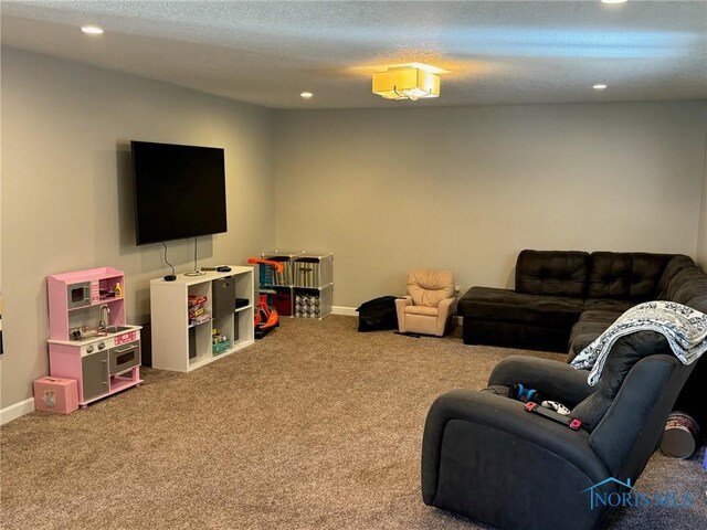 carpeted living room featuring a textured ceiling