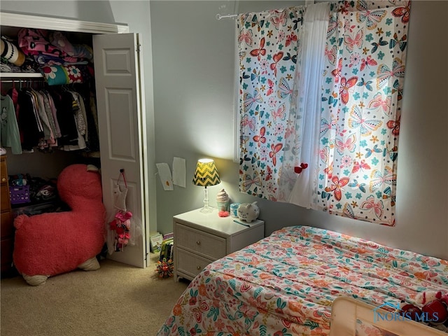 bedroom with carpet flooring and a closet