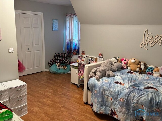 bedroom with lofted ceiling, a closet, and light wood-type flooring