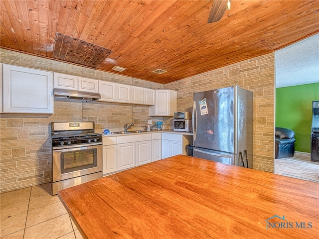 kitchen with appliances with stainless steel finishes, sink, ceiling fan, and white cabinets