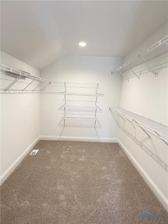 walk in closet with carpet and vaulted ceiling