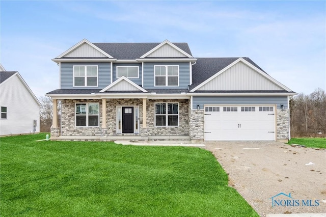 craftsman inspired home with an attached garage, board and batten siding, roof with shingles, a front yard, and driveway