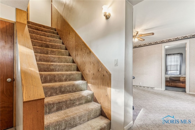 stairs featuring ceiling fan, carpet flooring, and a baseboard radiator