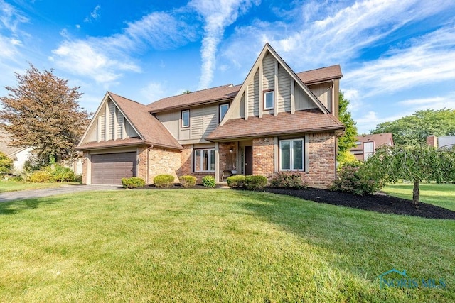 view of front facade with aphalt driveway, a garage, brick siding, and a front lawn