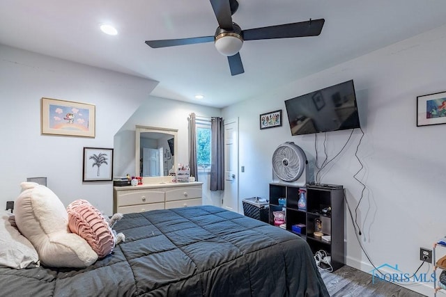 bedroom with recessed lighting, ceiling fan, baseboards, and wood finished floors