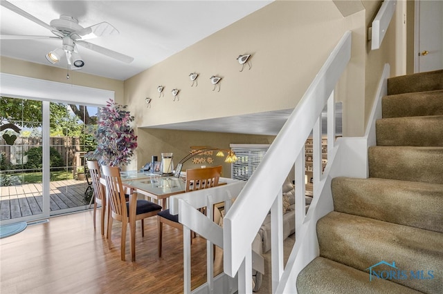 dining room featuring ceiling fan and wood-type flooring