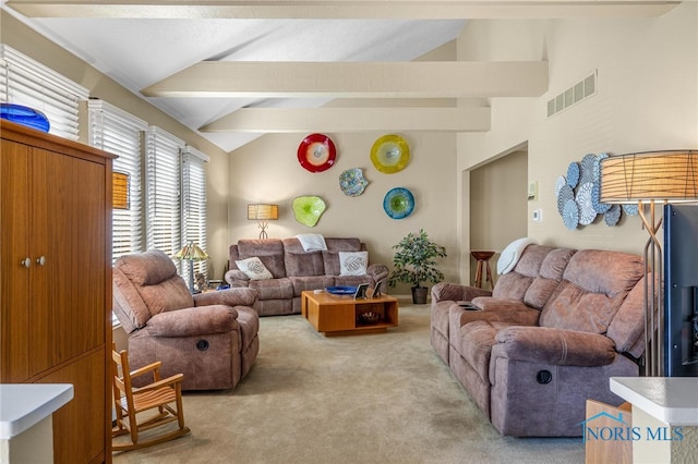 living room featuring light colored carpet and lofted ceiling