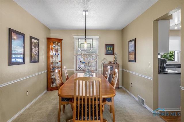 carpeted dining area with a textured ceiling