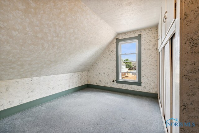 bonus room featuring a textured ceiling, carpet floors, and lofted ceiling